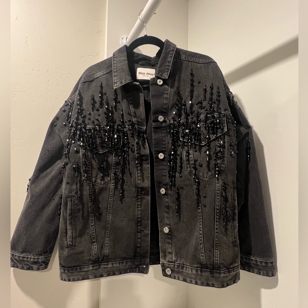 Miu Miu Black Crystal Embellished Jean Denim Jacket